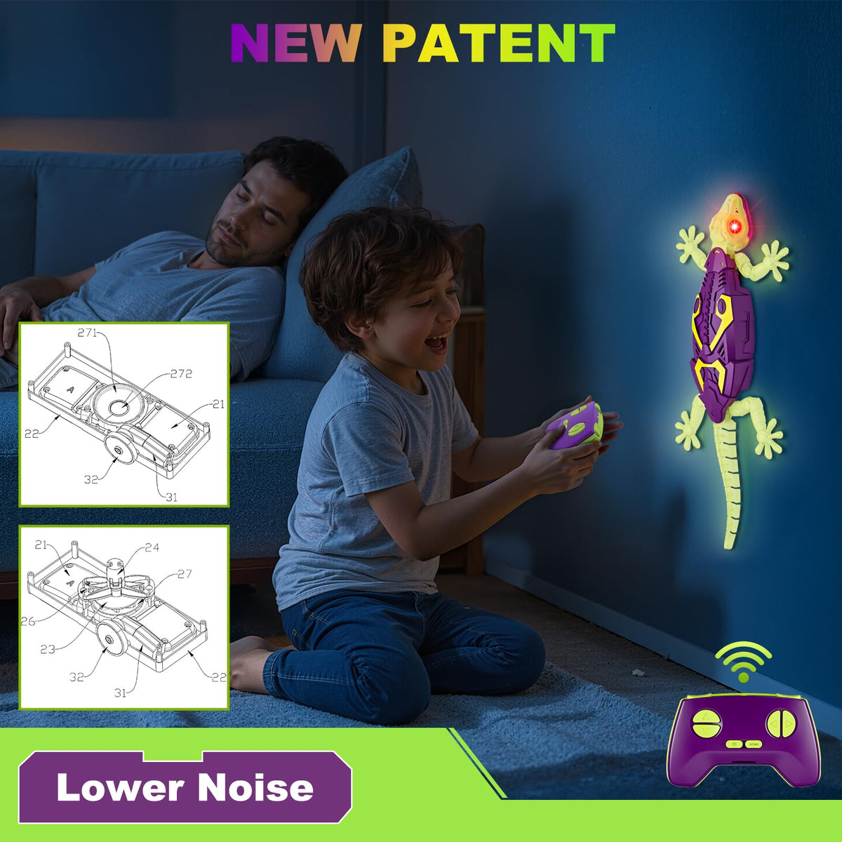 Qrooper gecko LED eyes glow in dim light for lifelike effect.
