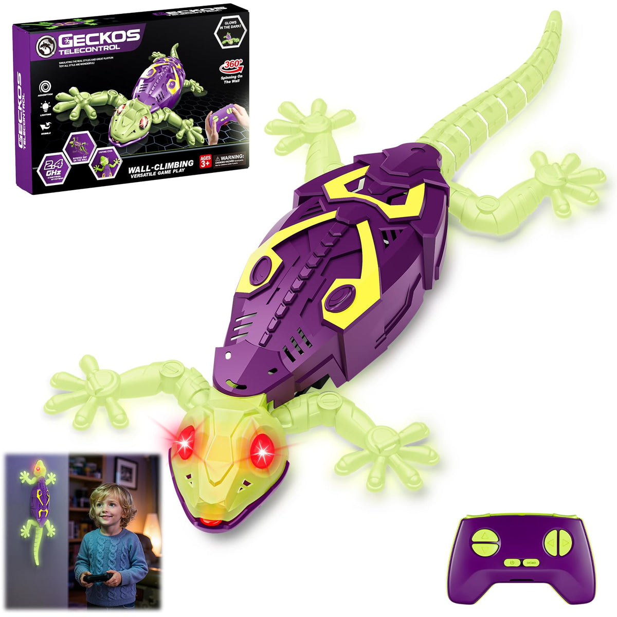 Qrooper glow gecko on wall lighting up for spooky, fun play.