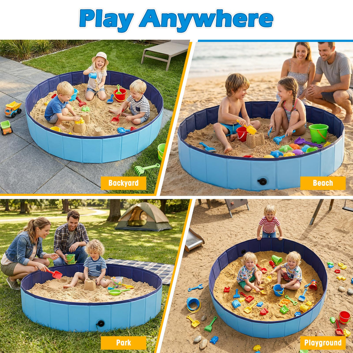 Qrooper portable sandbox folds flat for storage in car trunk.