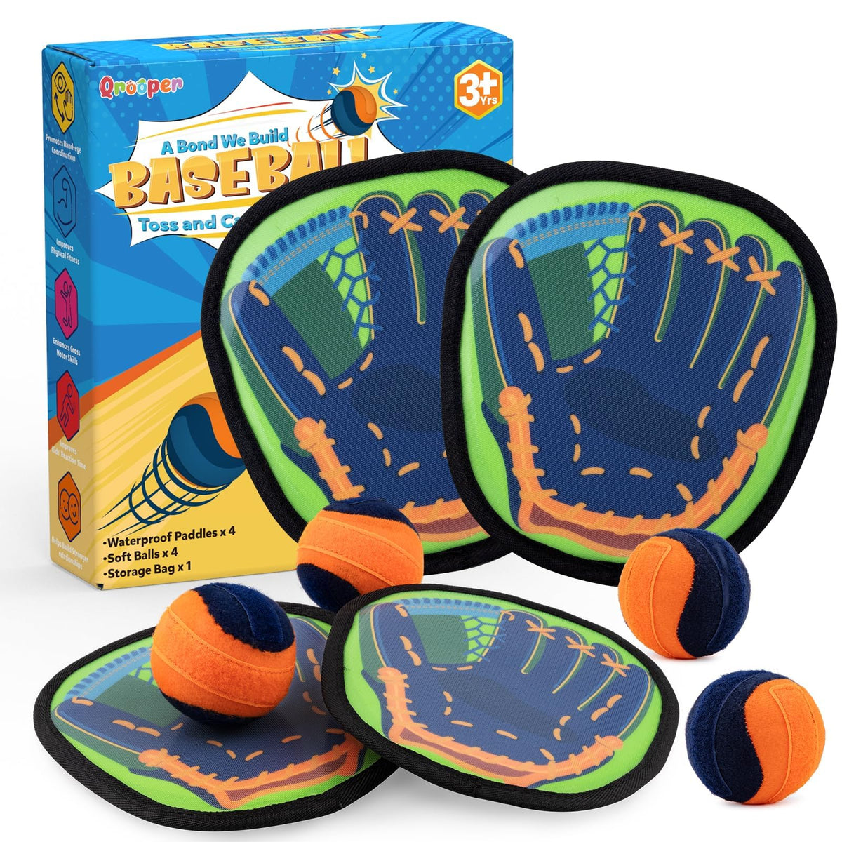 Qrooper Toss and Catch ball game front view with classic glove design for kids and adults