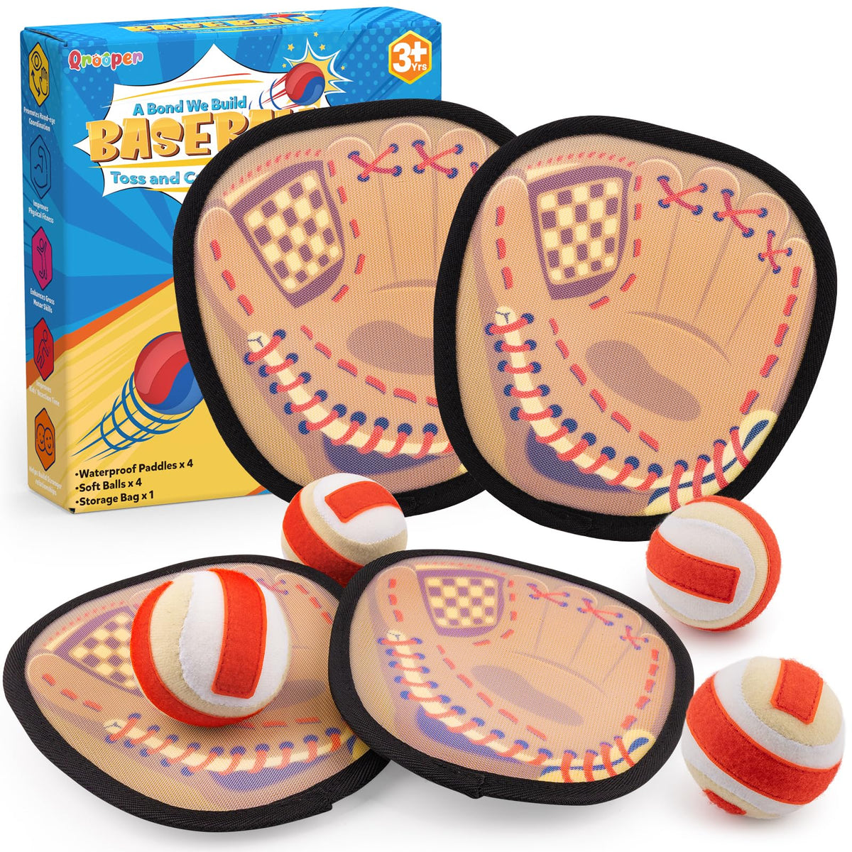 Qrooper Toss and Catch paddles in bright colors for outdoor family play