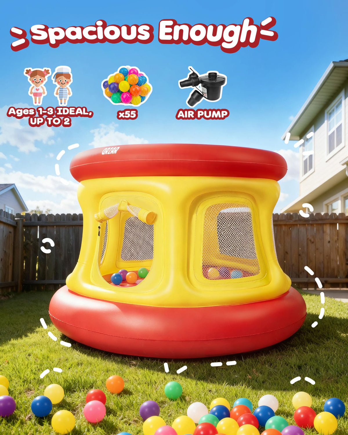 QRZAR bounce house with ocean balls for sensory-rich playtime and colorful exploration