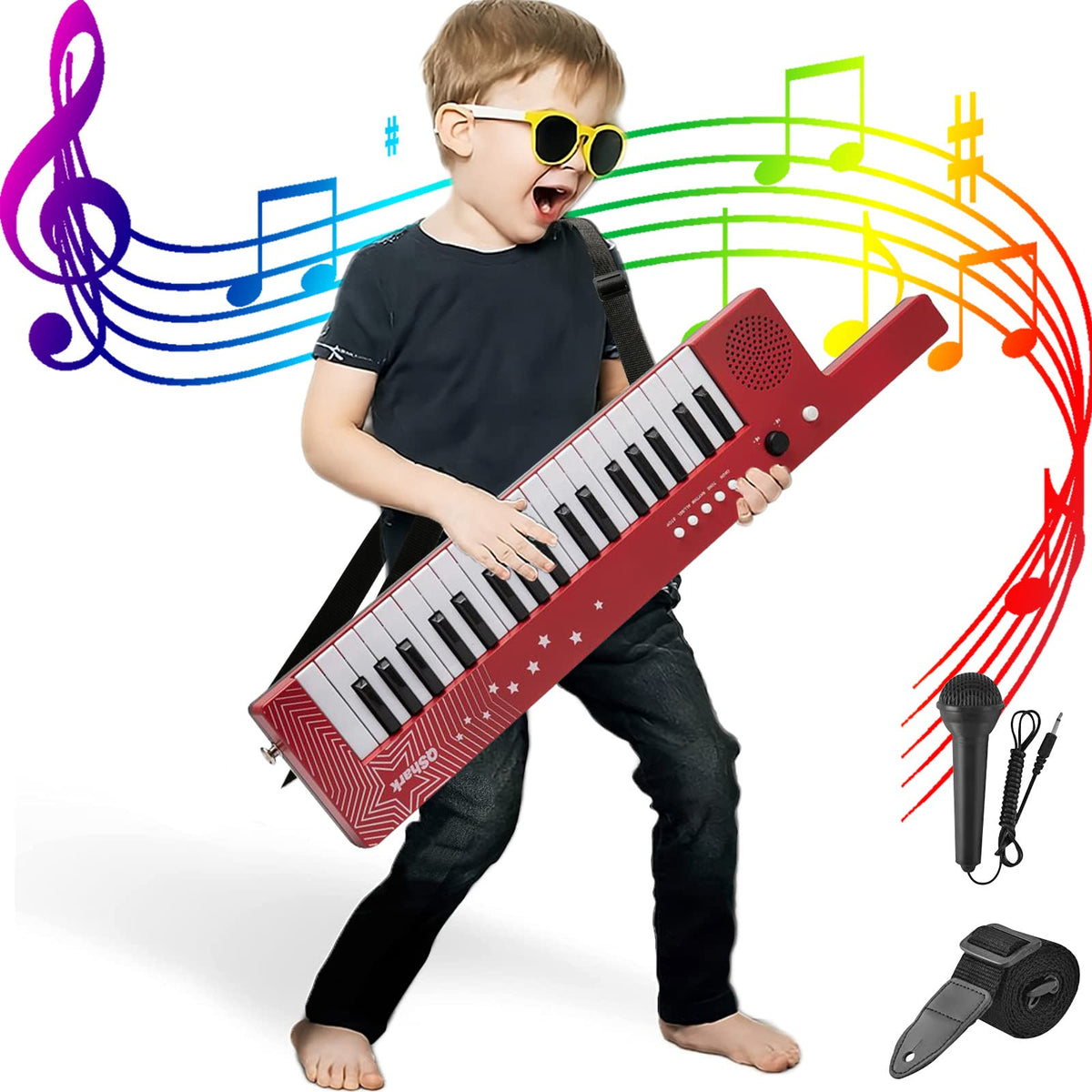 QShark 37-key keyboard with mic for kids' performances at home.