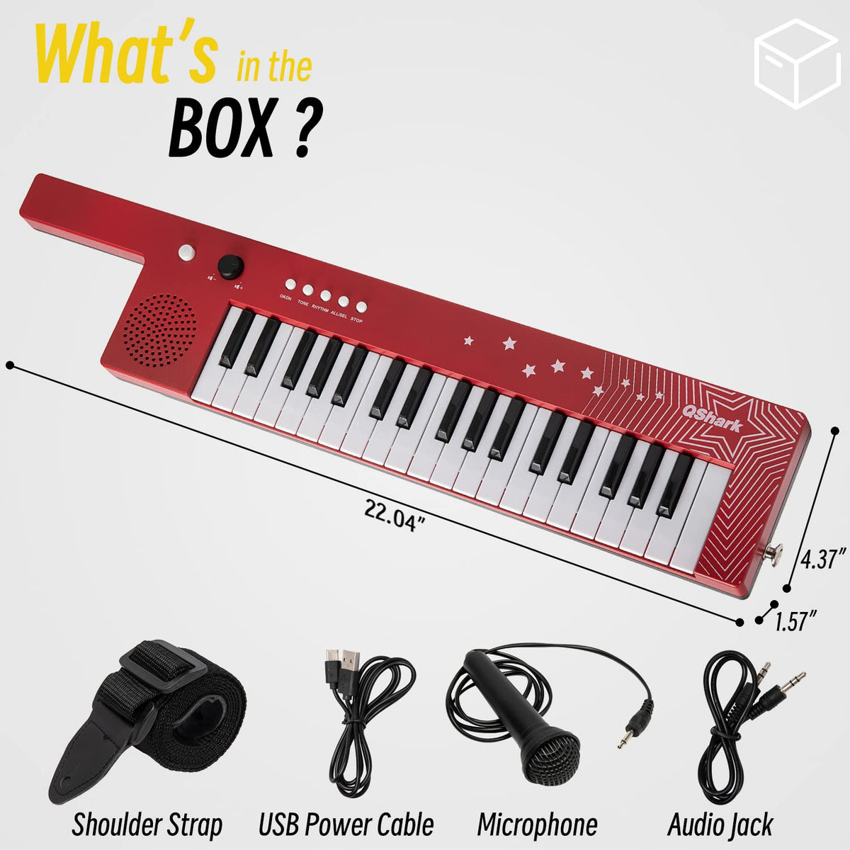 Front view of QShark keytar-style design ready for on-the-go gigs.