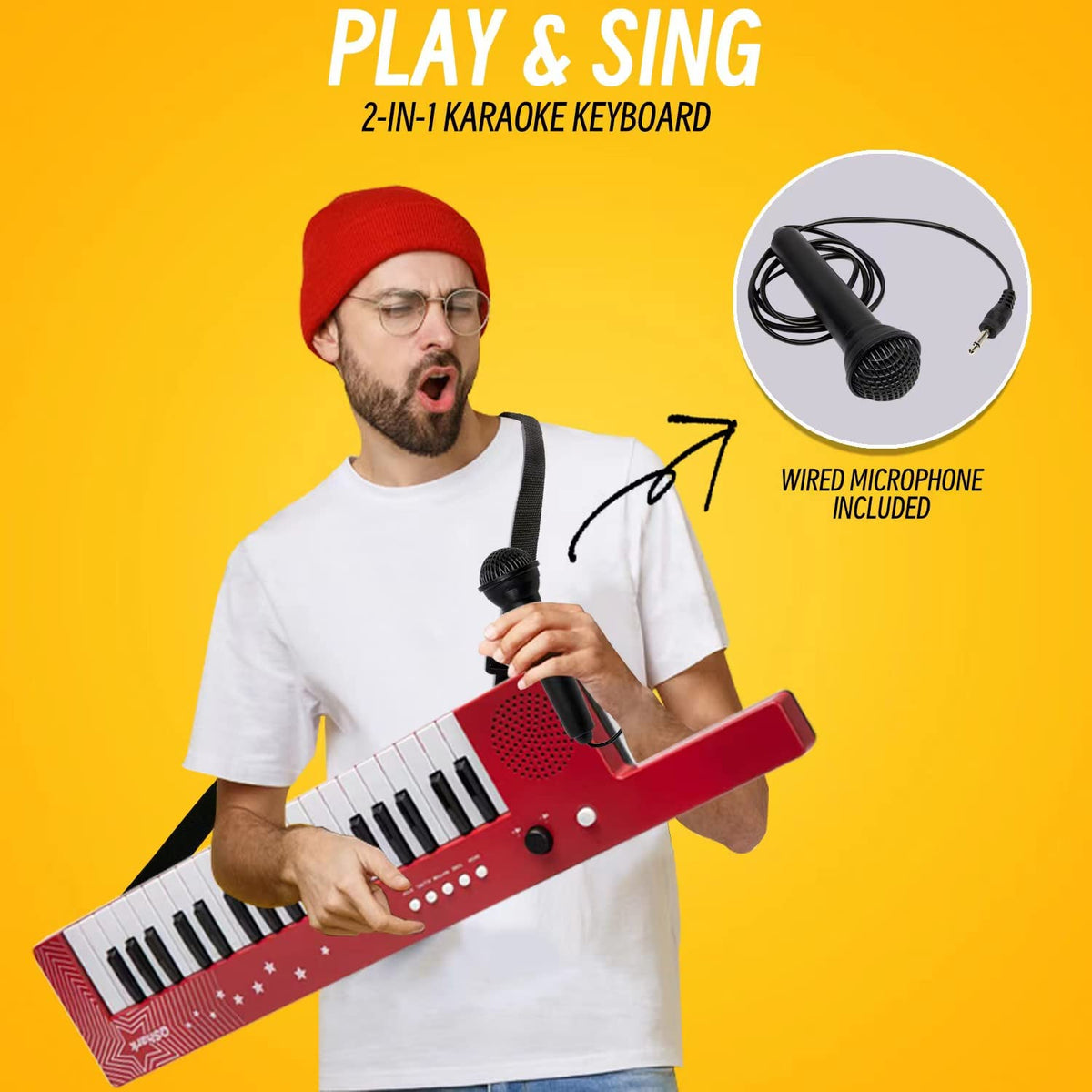 Includes wired microphone and accessories for instant performances.