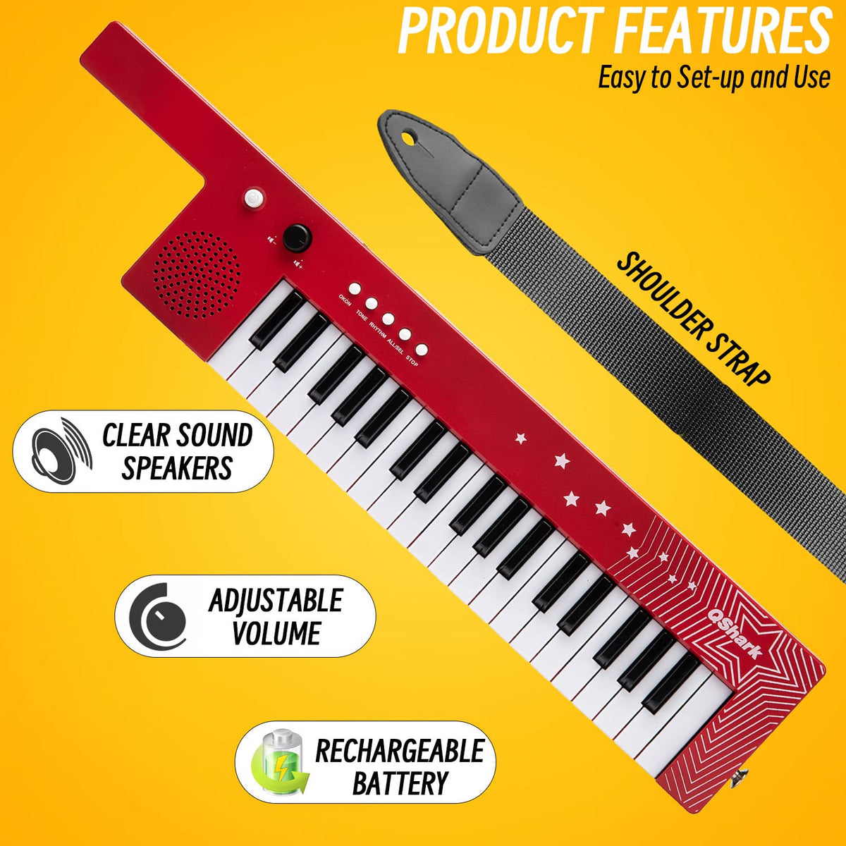 Portable QShark keyboard with carry strap ideal for travel and parties.