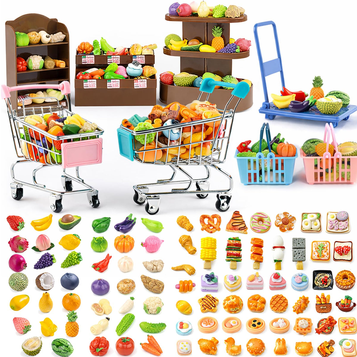 QSKJJI blue metal shopping cart and pink push cart for kid-friendly mini store play.