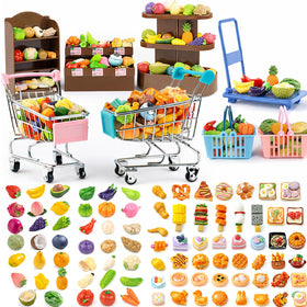 QSKJJI blue metal shopping cart and pink push cart for kid-friendly mini store play.