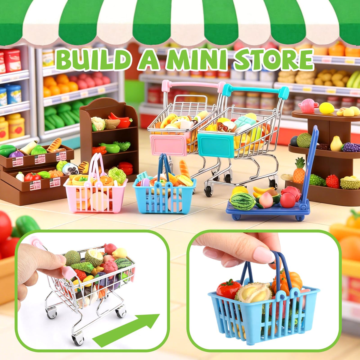 QSKJJI mini grocery baskets for dollhouse layout and organized pretend shopping.