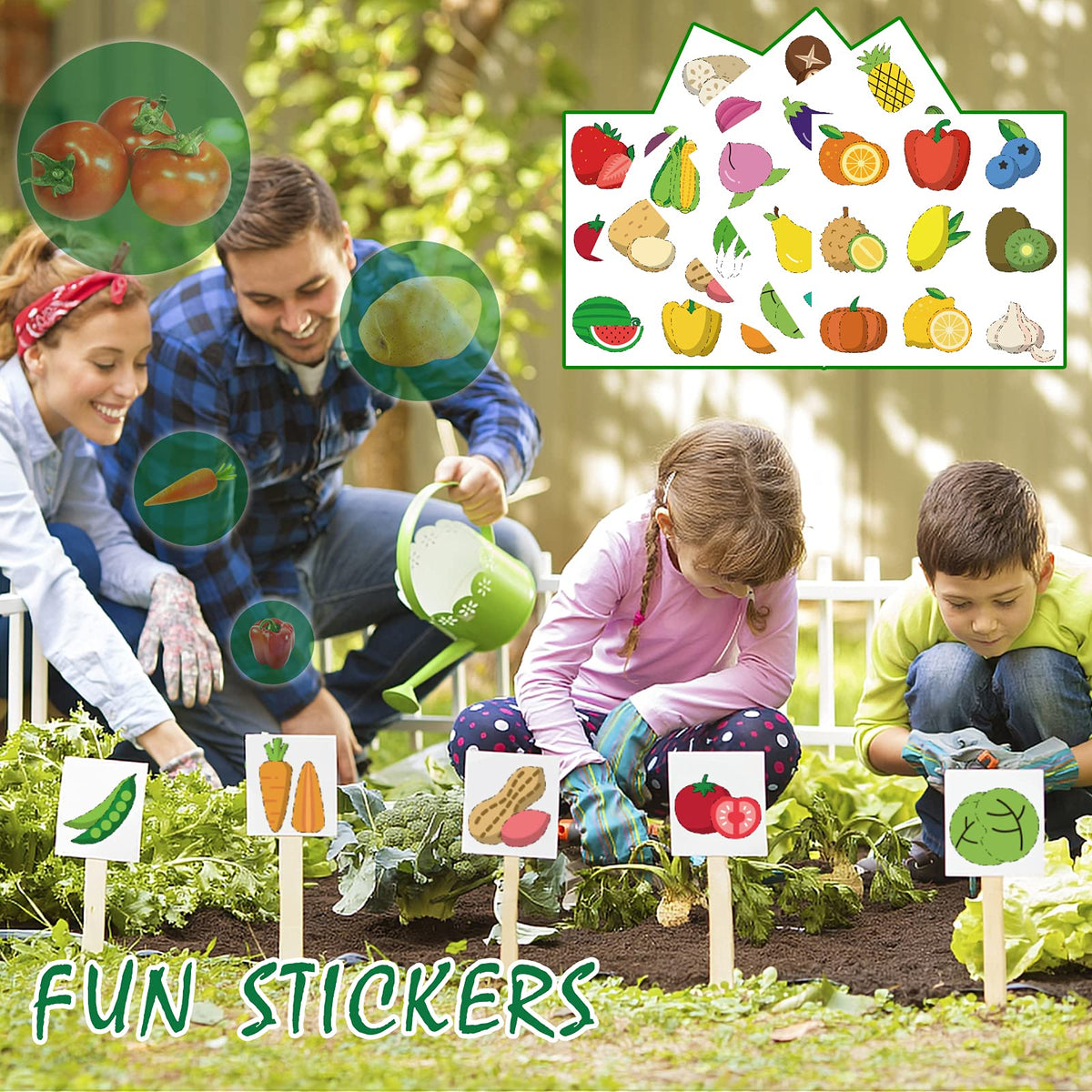 Qtioucp fruit and vegetable stickers encourage recognition while decorating pretend gardens.
