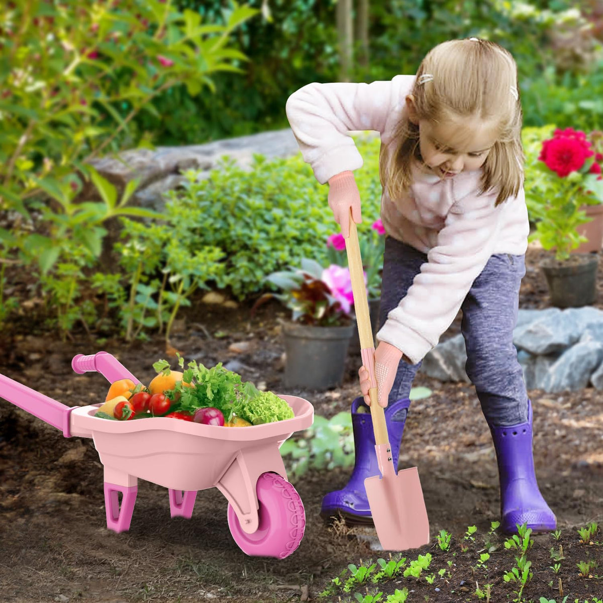 Qtioucp kids gardening long-handle tools promote accurate, comfortable digging for little hands