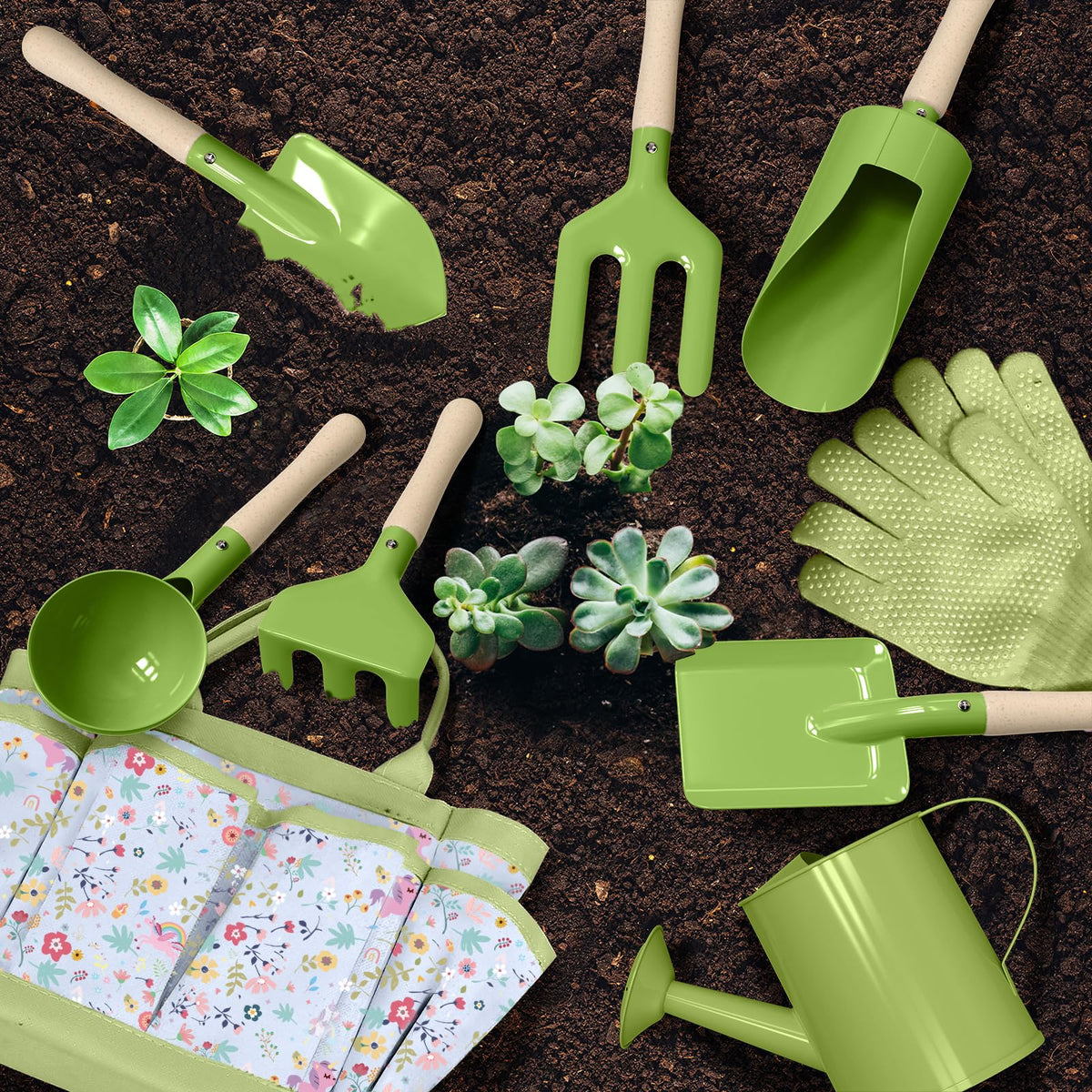 Qtioucp Kids Gardening Set gloves and safe tools for kids’ gardening play.