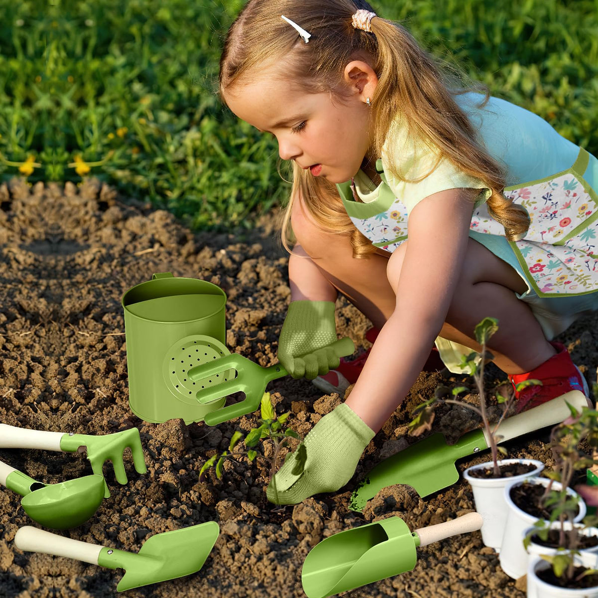 Qtioucp Kids Gardening Set wooden-handled tools promote safe, kid-friendly gardening.