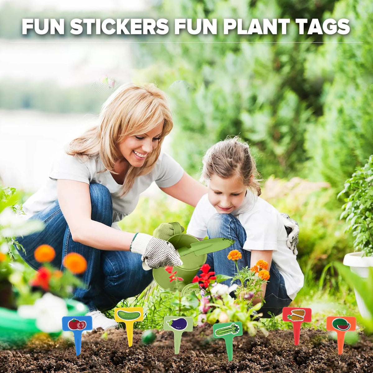 Qtioucp Kids Gardening Set plant tags and handbook for hands-on plant identification.