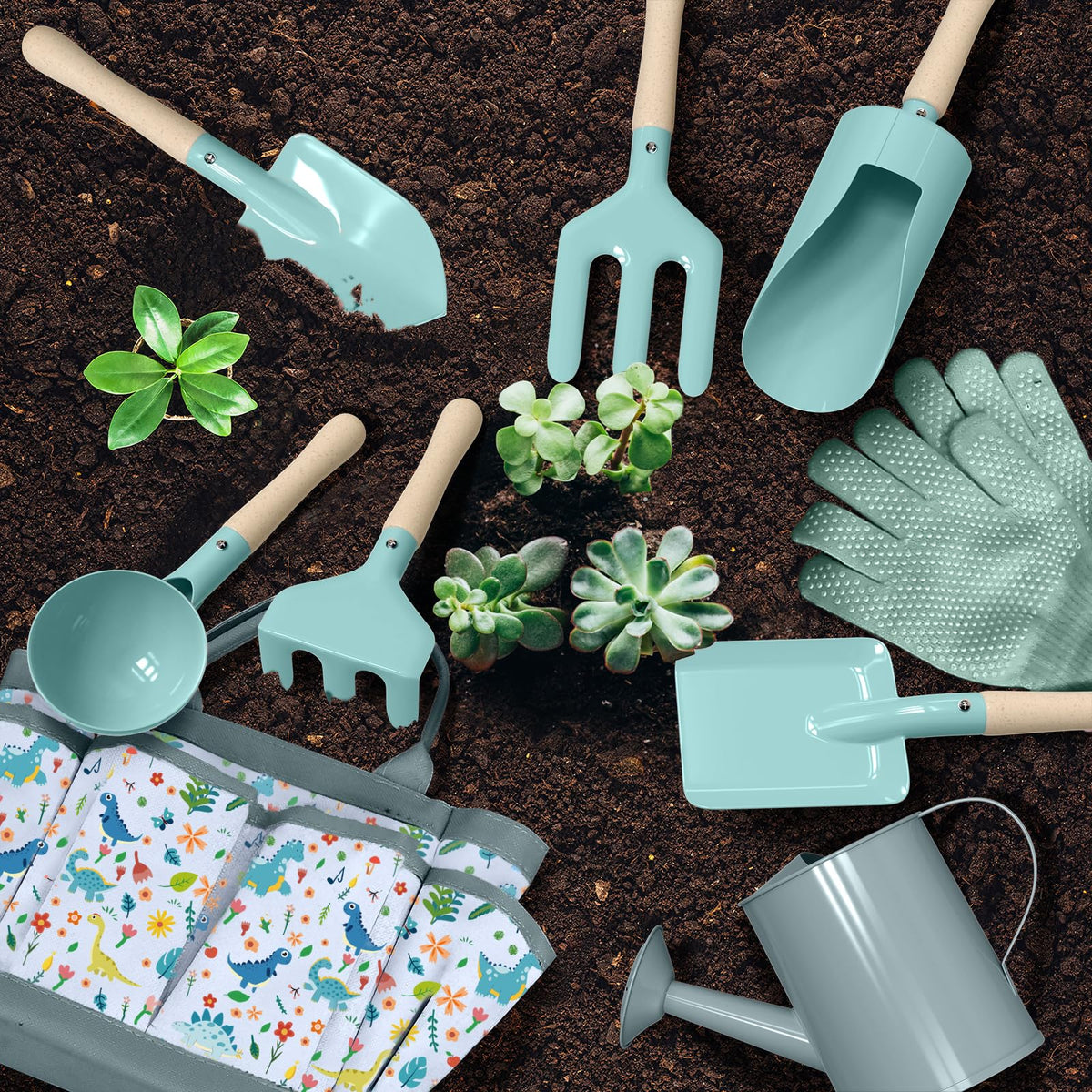Qtioucp kids gardening tools collection with wooden handles for safe, joyful garden work