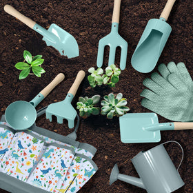 Qtioucp kids gardening tools collection with wooden handles for safe, joyful garden work