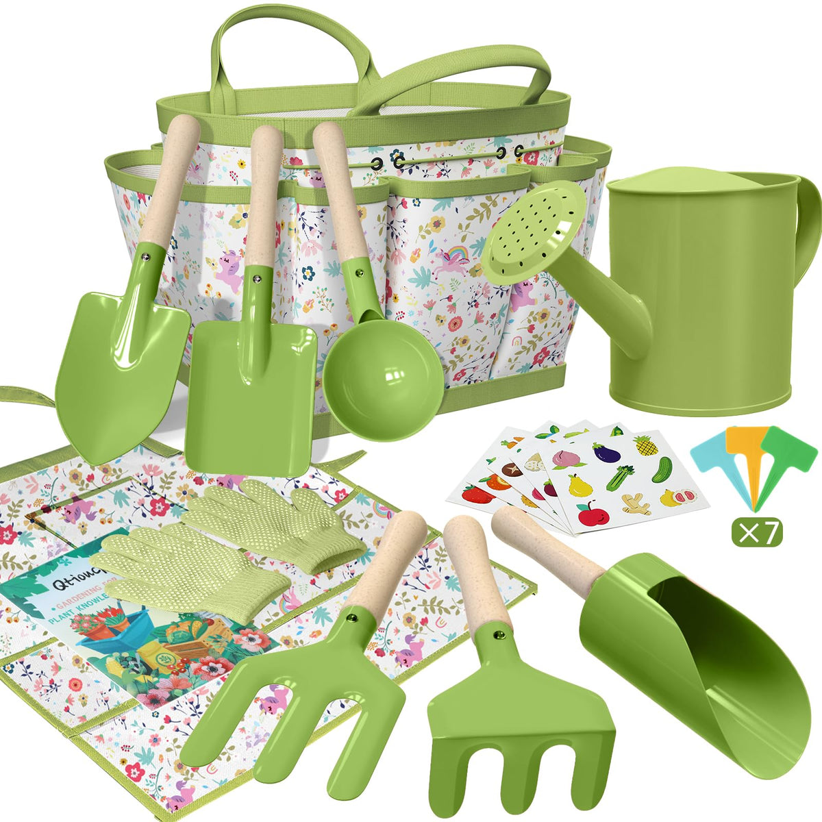Qtioucp Kids Gardening Set tote bag keeps tools organized for outdoor learning.