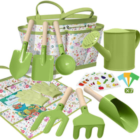 Qtioucp Kids Gardening Set tote bag keeps tools organized for outdoor learning.