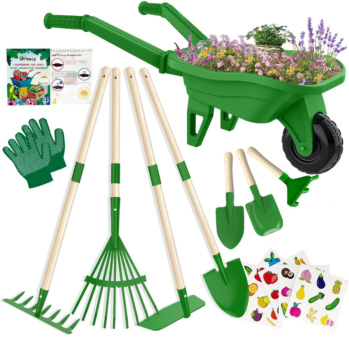 Qtioucp kids wheelbarrow—sturdy and safe for toddler gardening play.