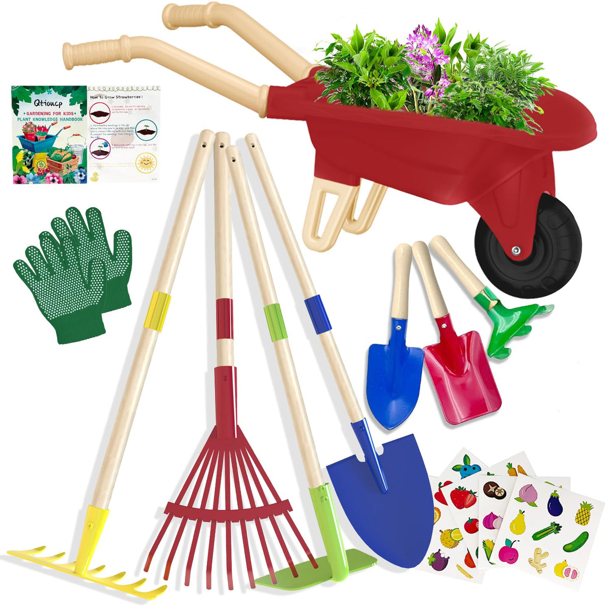 Qtioucp kids wheelbarrow red for outdoor pretend play and easy tool transport