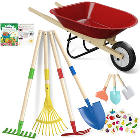 Qtioucp kids wheelbarrow red for outdoor play and garden tasks