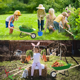 Qtioucp Kids Wheelbarrow Set leaf rake for precise garden cleanup and tidying.