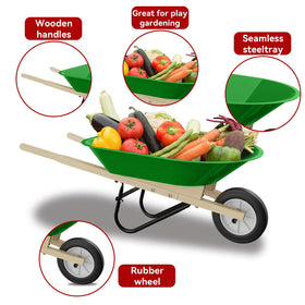 Qtioucp Kids Wheelbarrow Set long-handle rake supports easy soil collection and play.