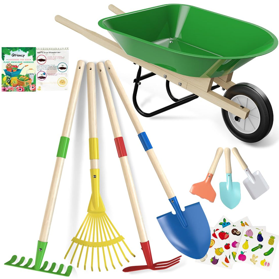 Qtioucp Kids Wheelbarrow Set wheelbarrow with steel frame for durable outdoor play.