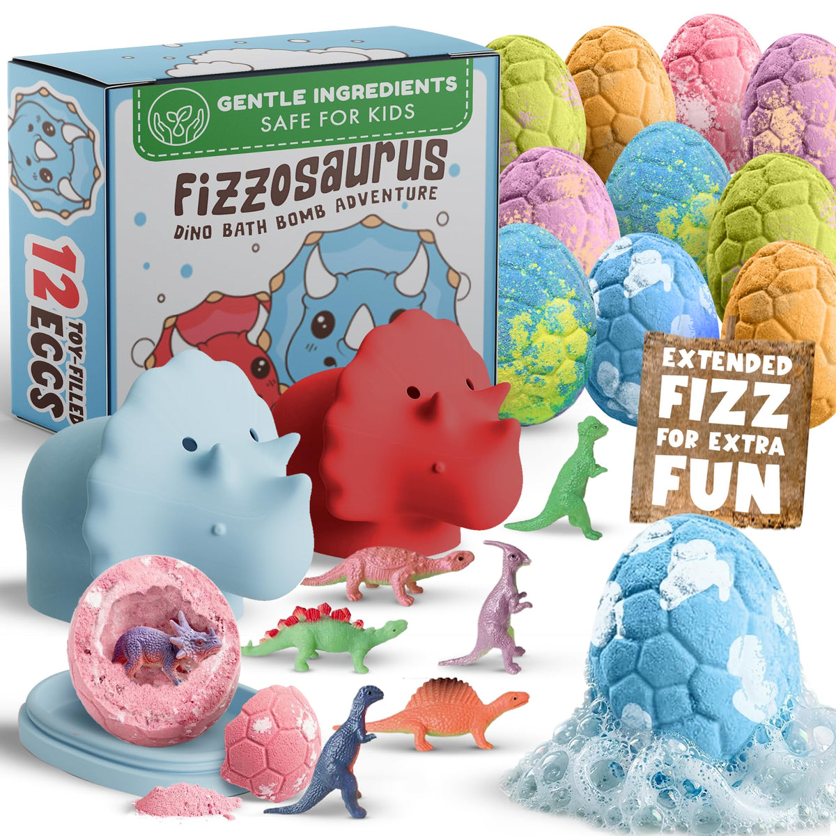 Quack Quack Moo bath bombs reveal a surprise dinosaur toy during bath time