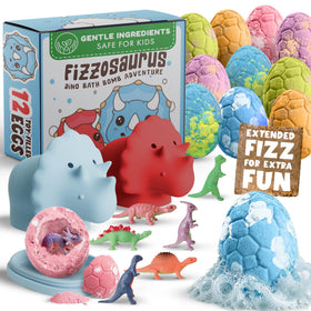 Quack Quack Moo bath bombs reveal a surprise dinosaur toy during bath time