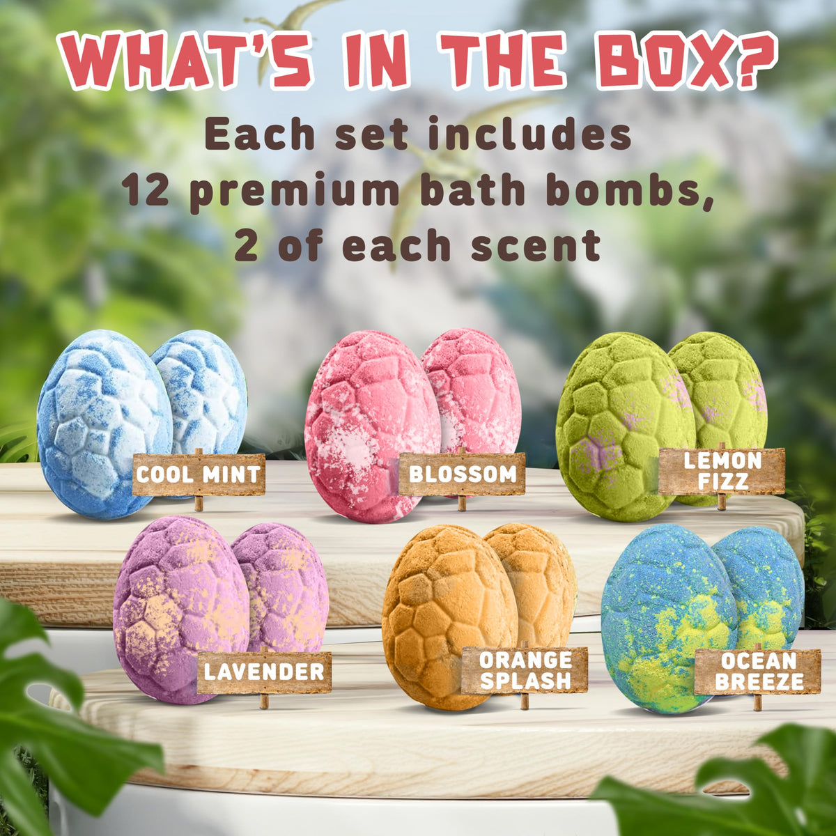 Unboxing the full gift set shows dinosaur-themed bombs and the included diffusers