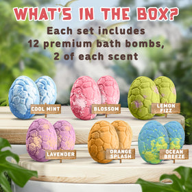 Unboxing the full gift set shows dinosaur-themed bombs and the included diffusers
