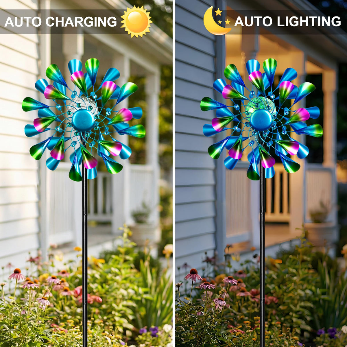 Qualdout Solar Wind Spinner with glass ball LED light brightens evenings, no wiring needed.