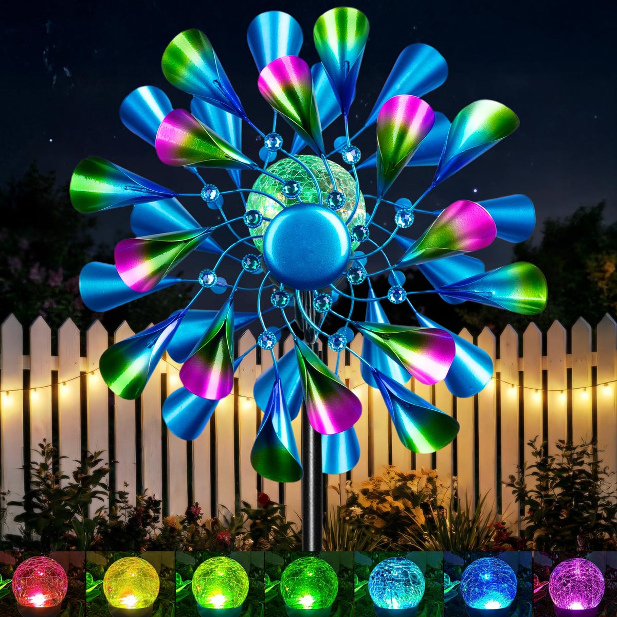 Qualdout Peacock Wind Spinner with colorful tail blades for vibrant daytime yard art and enhanced curb appeal.