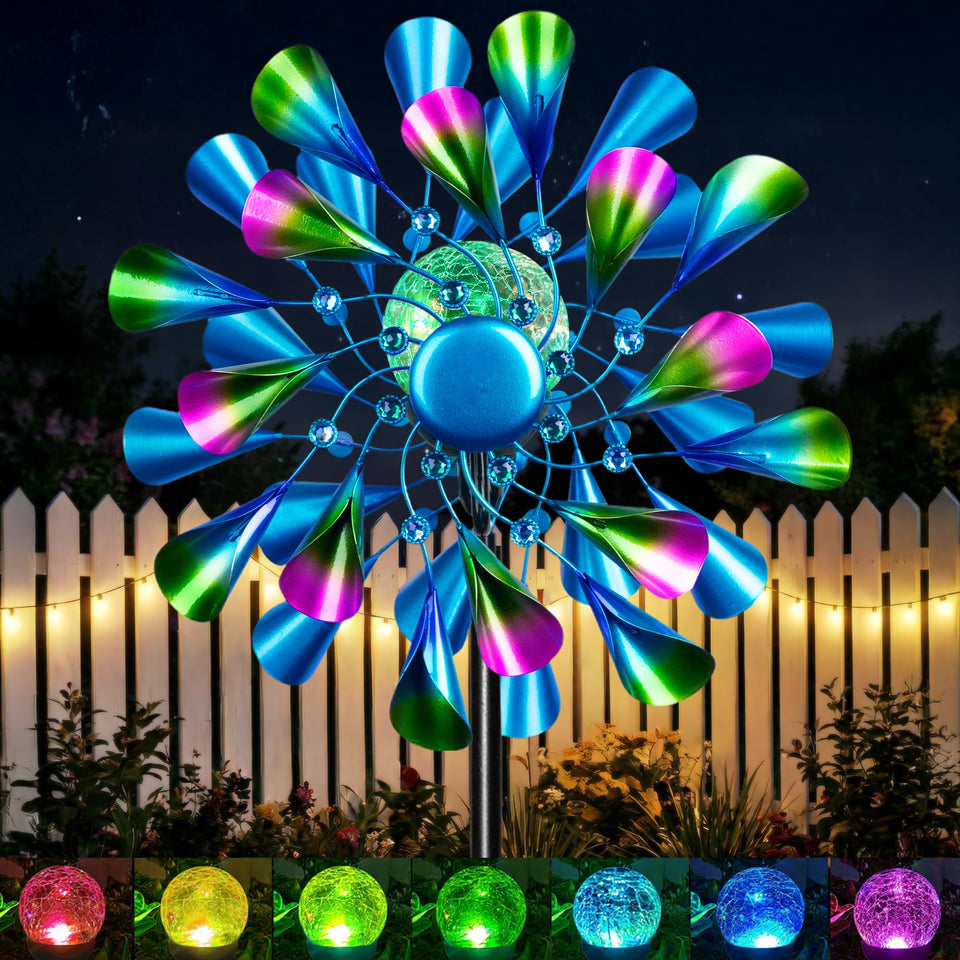 Qualdout Peacock Wind Spinner with colorful tail blades for vibrant daytime yard art and enhanced curb appeal.