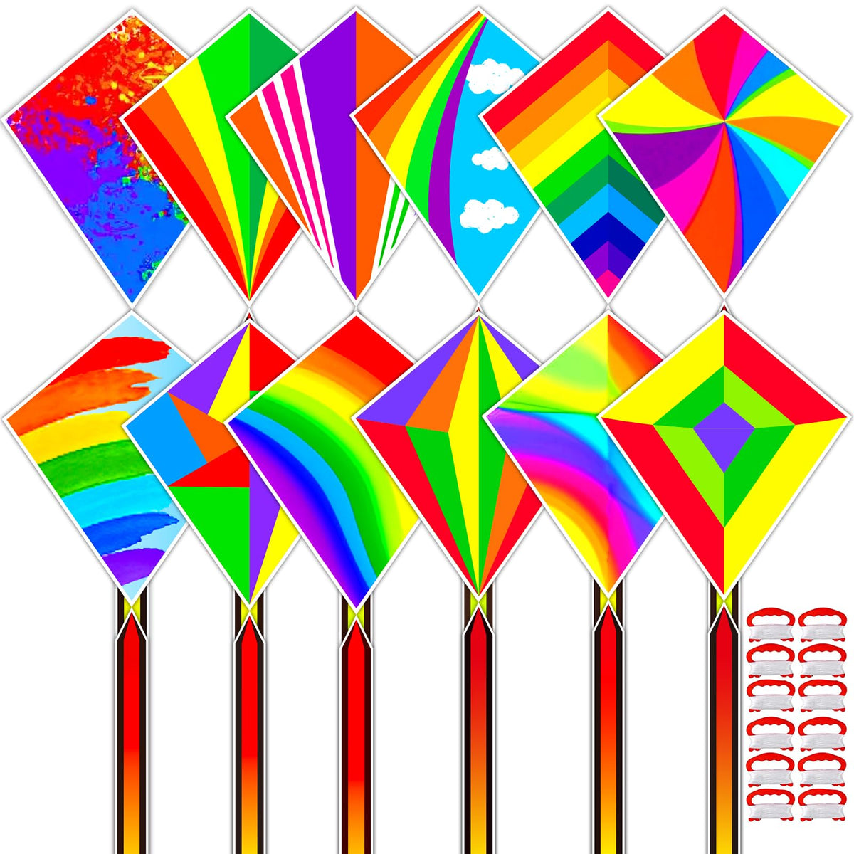 QUANA 12-pack rainbow diamond kites for kids, easy outdoor fun.