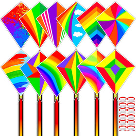 QUANA 12-pack rainbow diamond kites for kids, easy outdoor fun.