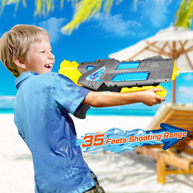Quanquer water guns with adults and kids enjoying outdoor water fight.