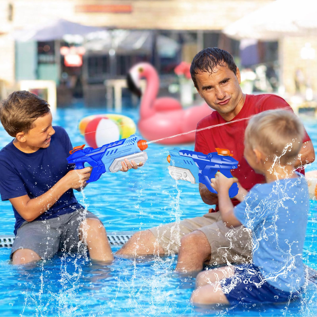 Quanquer colorful blue water gun set enhances party vibes.