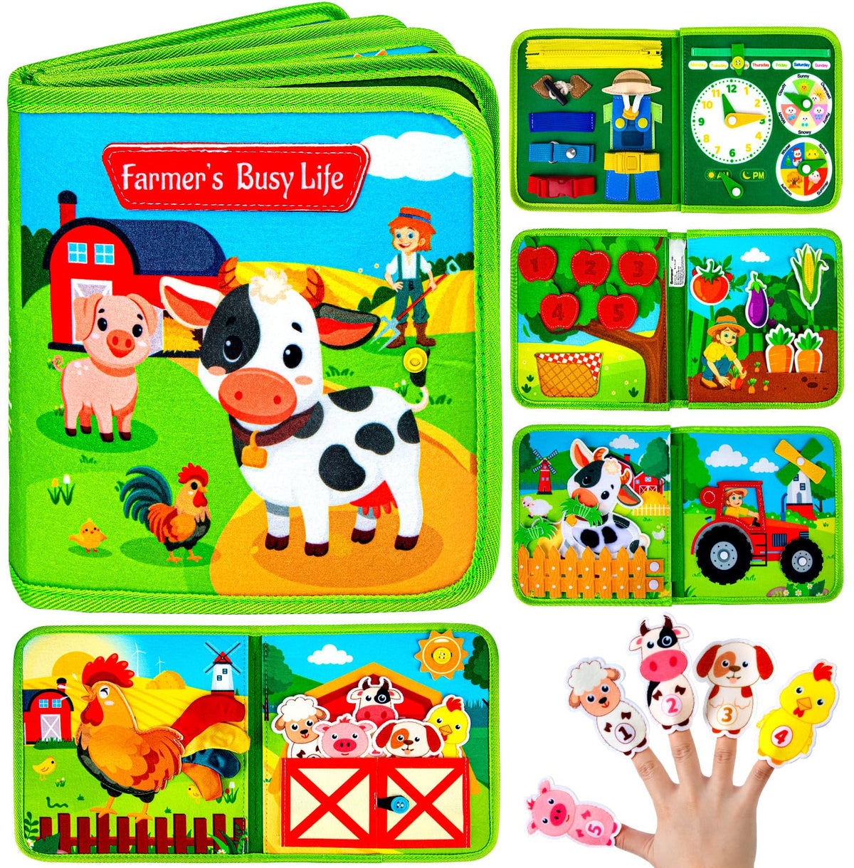 Quanquer Montessori Busy Board with farm animals fosters tactile discovery and curiosity.