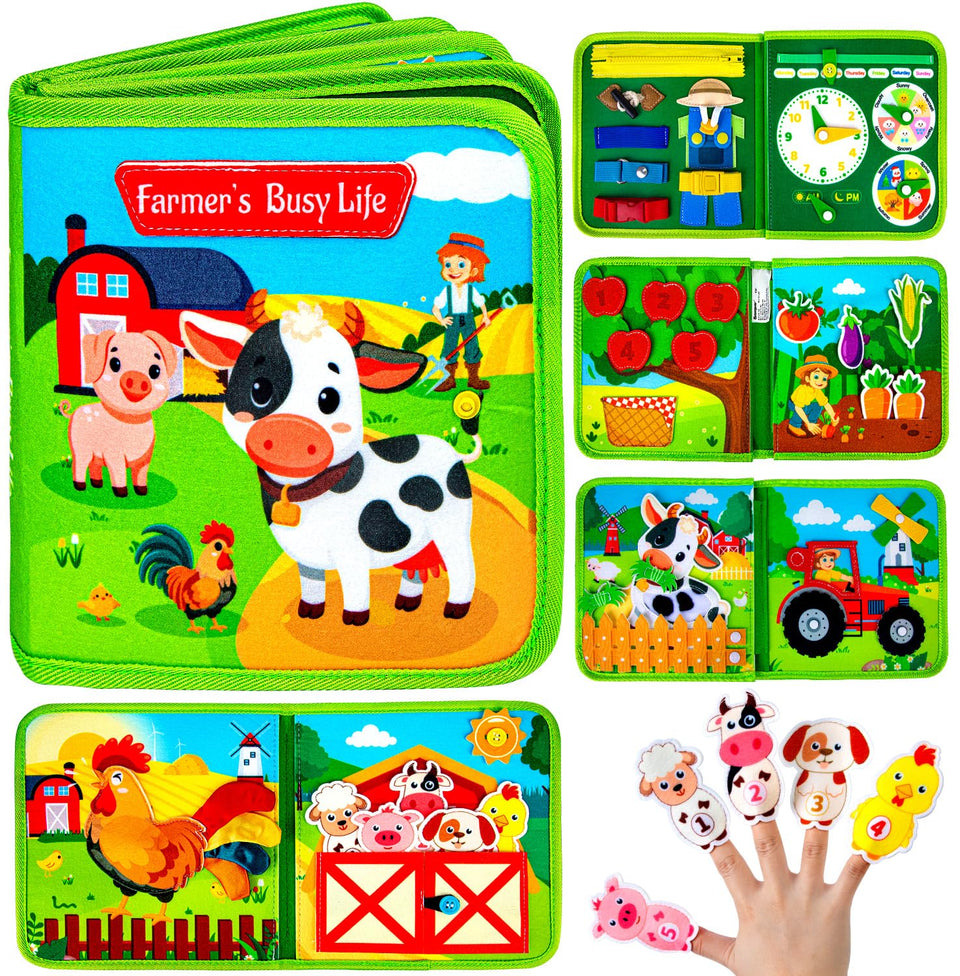 Quanquer Montessori Busy Board with farm animals fosters tactile discovery and curiosity.