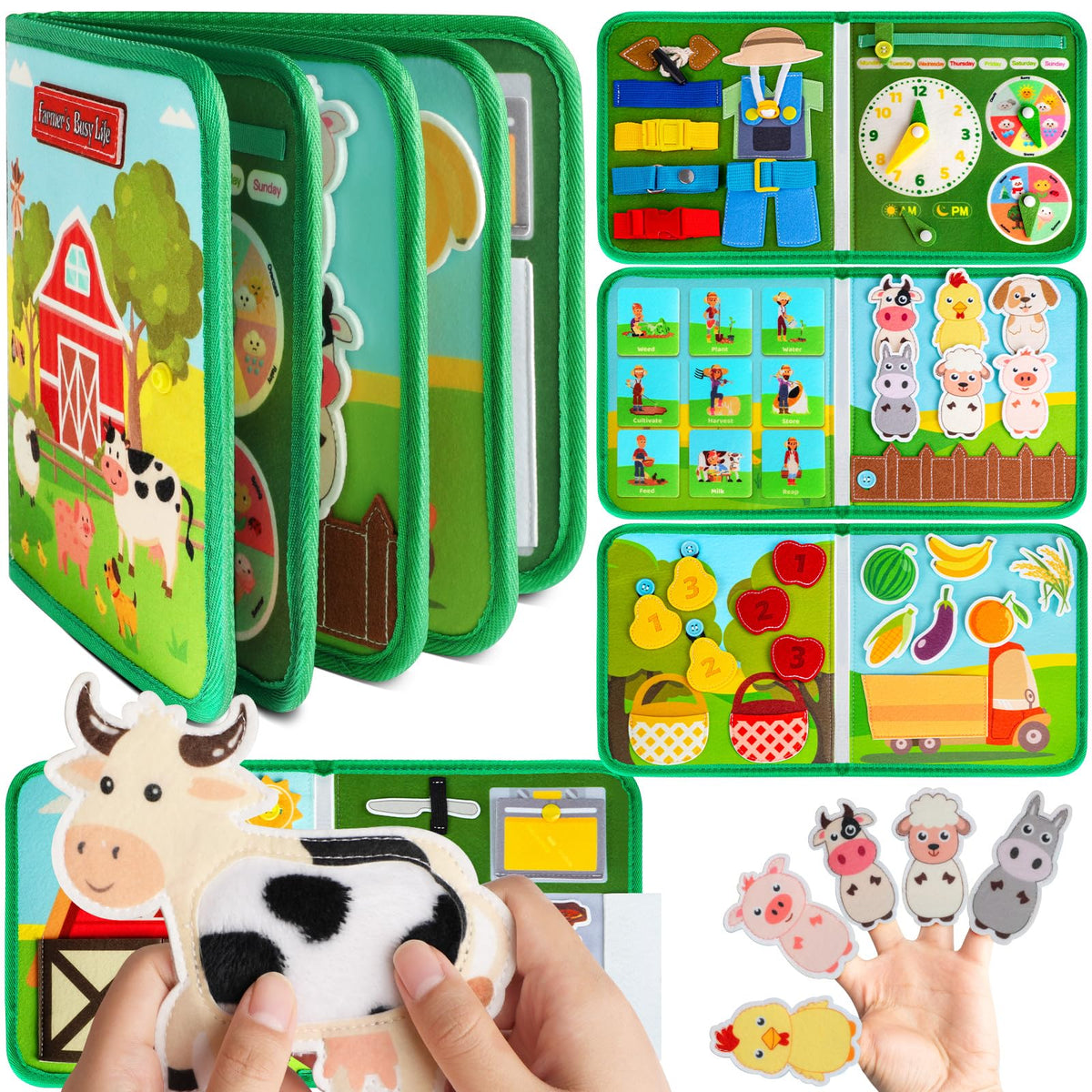 Quanquer Toddler Busy Board Farm page open for hands-on learning