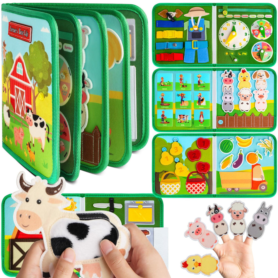 Quanquer Toddler Busy Board Farm page open for hands-on learning
