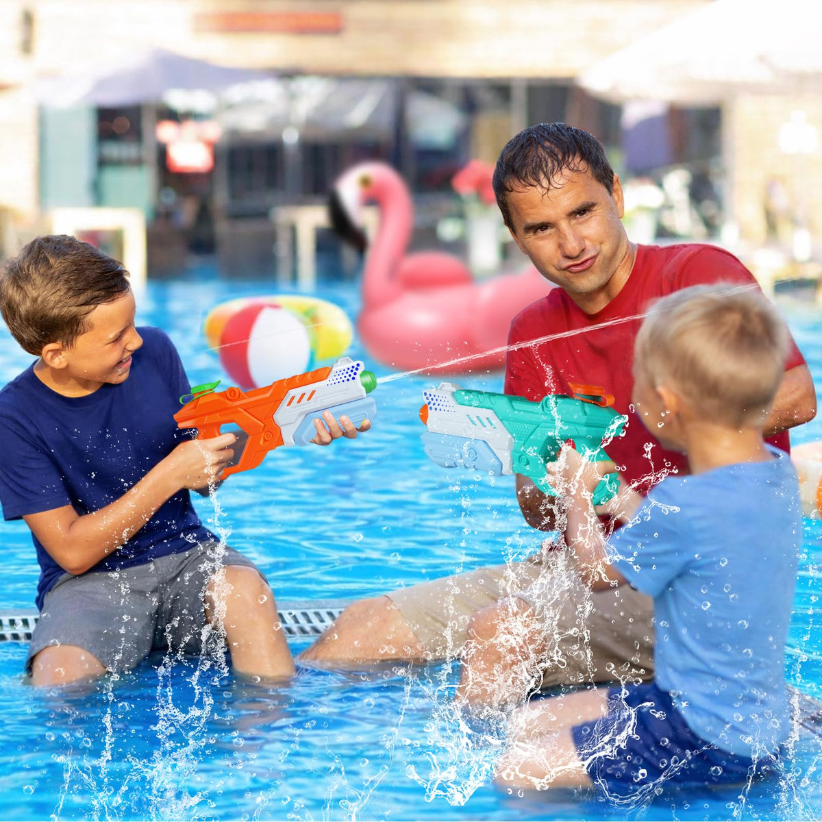 Quanquer water gun at a pool party, ready for seasonal fun and games.
