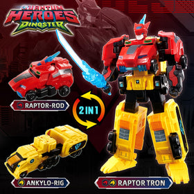 Quantum Heroes Dinoster Raptor Tron 2in1 transformation showcases quick mode switching for imaginative play.