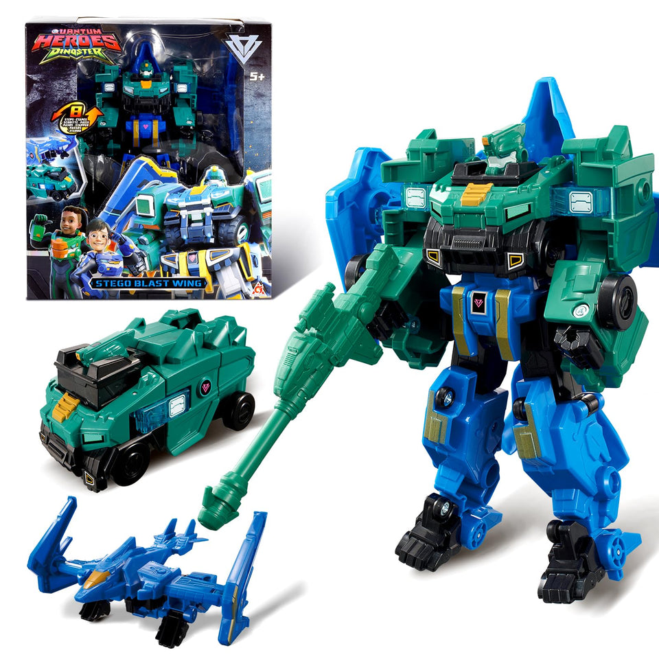 Quantum Heroes Dinoster Stego Blast Wing robot in action, showcasing two modes for dynamic play