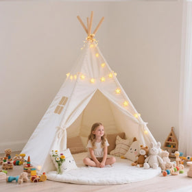 Quaocens teepee tent uses wooden poles and cotton canvas for durable, sturdy play fort.