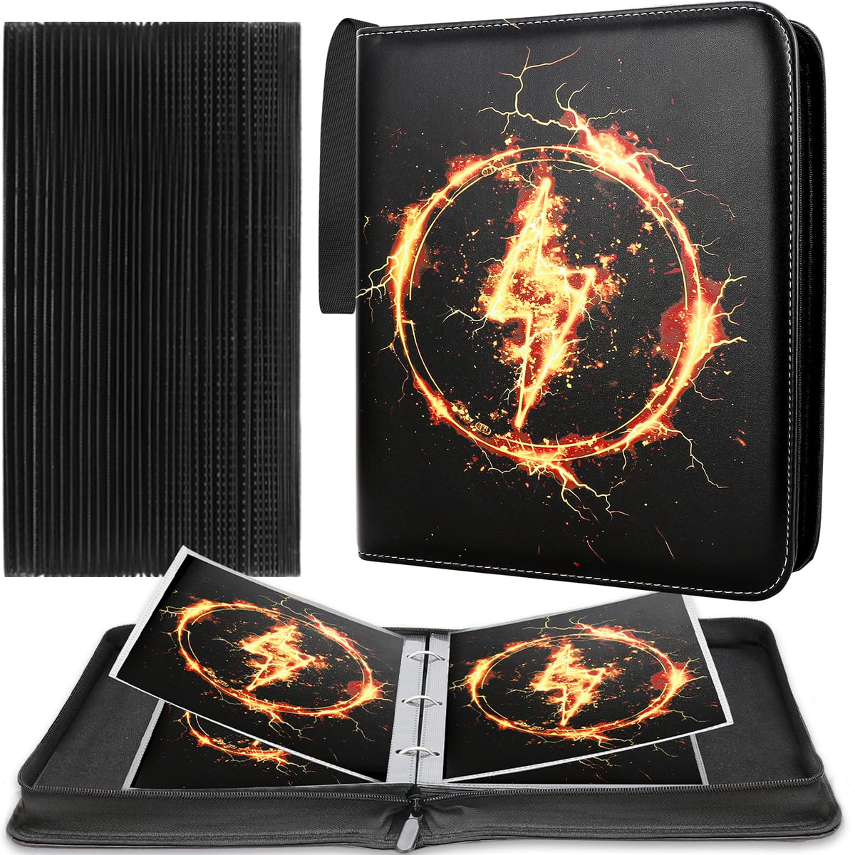 QUBAMG jumbo card binder with lightning-pattern cover protects oversized Pokemon cards
