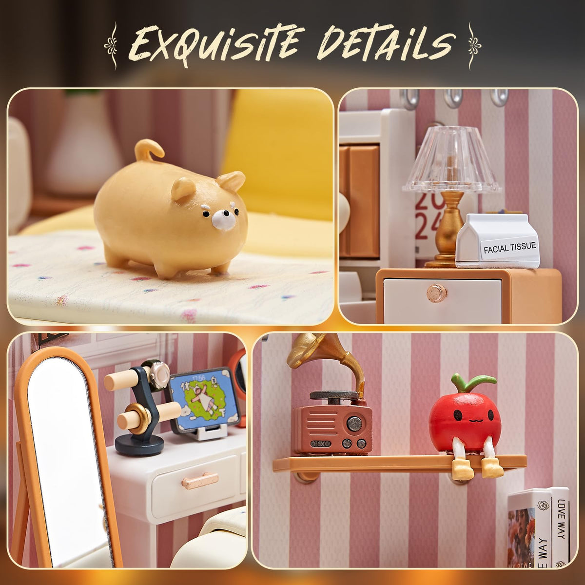 Qudify DIY Miniature Bedroom Kit window curtains add privacy and ambiance
