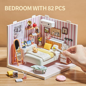 Qudify DIY Miniature Bedroom Kit LED light glowing softly in the room